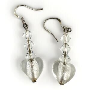 1.75” Silver Tone Clear Glass Crystal Lampwork Heart Beaded Dangle Earrings